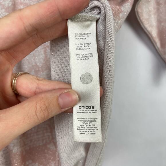 Chico’s | Tierra Sz 2 Large Pink Metallic Tie Front 3/4 Sleeve Top Knit Sweater - Picture 8 of 10